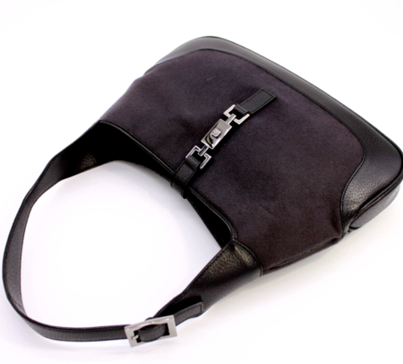 Gucci Shoulder Bag Purse Felt fabric Leather 3306 Charcoal Gray Medium Authentic