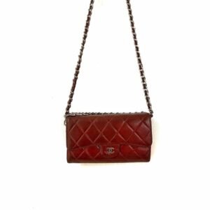 CHANEL Burgundy Red Quilted Lambskin Leather CC Flap Bag Clutch Wallet on Chain