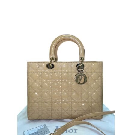 Beige Patent Leather Large Lady Dior Tote Bag Size L
