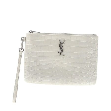 Saint Laurent Zip Pouch in White Croc-Embossed Leather