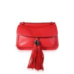 GUCCI Red Pebbled Calfskin Medium Bamboo Daily Flap Shoulder Bag