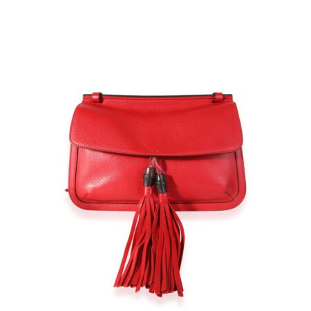 GUCCI Red Pebbled Calfskin Medium Bamboo Daily Flap Shoulder Bag