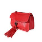 GUCCI Red Pebbled Calfskin Medium Bamboo Daily Flap Shoulder Bag