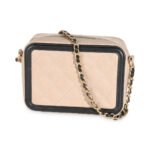 CHANEL Beige Black Quilted Caviar Mini Filigree Vanity Clutch With Chain