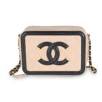 CHANEL Beige Black Quilted Caviar Mini Filigree Vanity Clutch With Chain