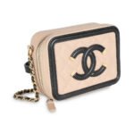 CHANEL Beige Black Quilted Caviar Mini Filigree Vanity Clutch With Chain