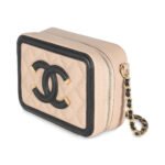 CHANEL Beige Black Quilted Caviar Mini Filigree Vanity Clutch With Chain